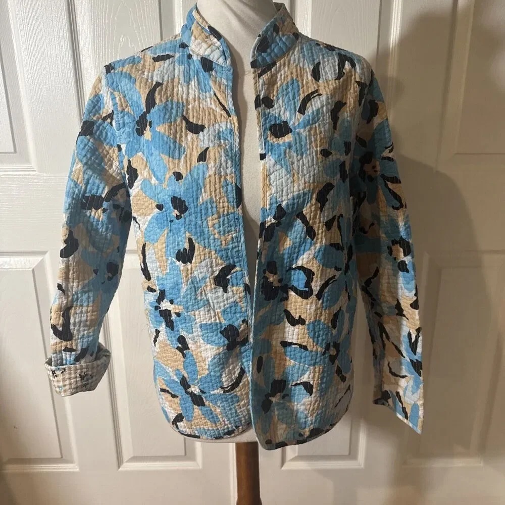 Quilted Floral Shirt Jacket Womens Large Blue Button Front Boho Toni B